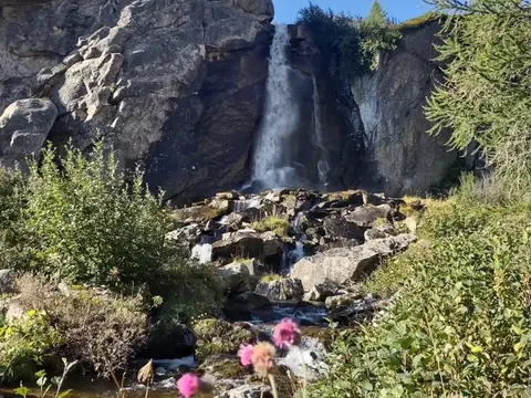 Cascata tra le rocce e fiori rosa in primo piano