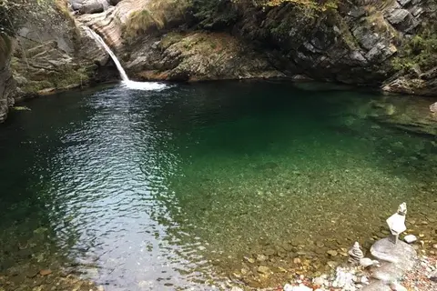 Una pozza verde sotto una cascata