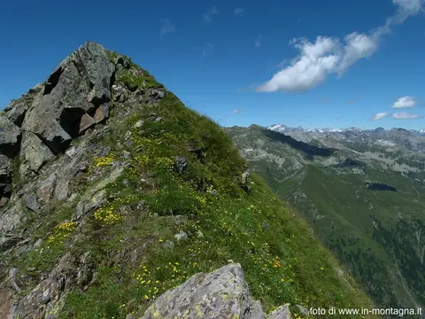Il filo della cresta tra erba e rocce, con le montagne sullo sfondo
