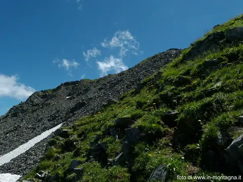 Il pendio di erba e sfasciumi sotto la cima, con una lingua di neve